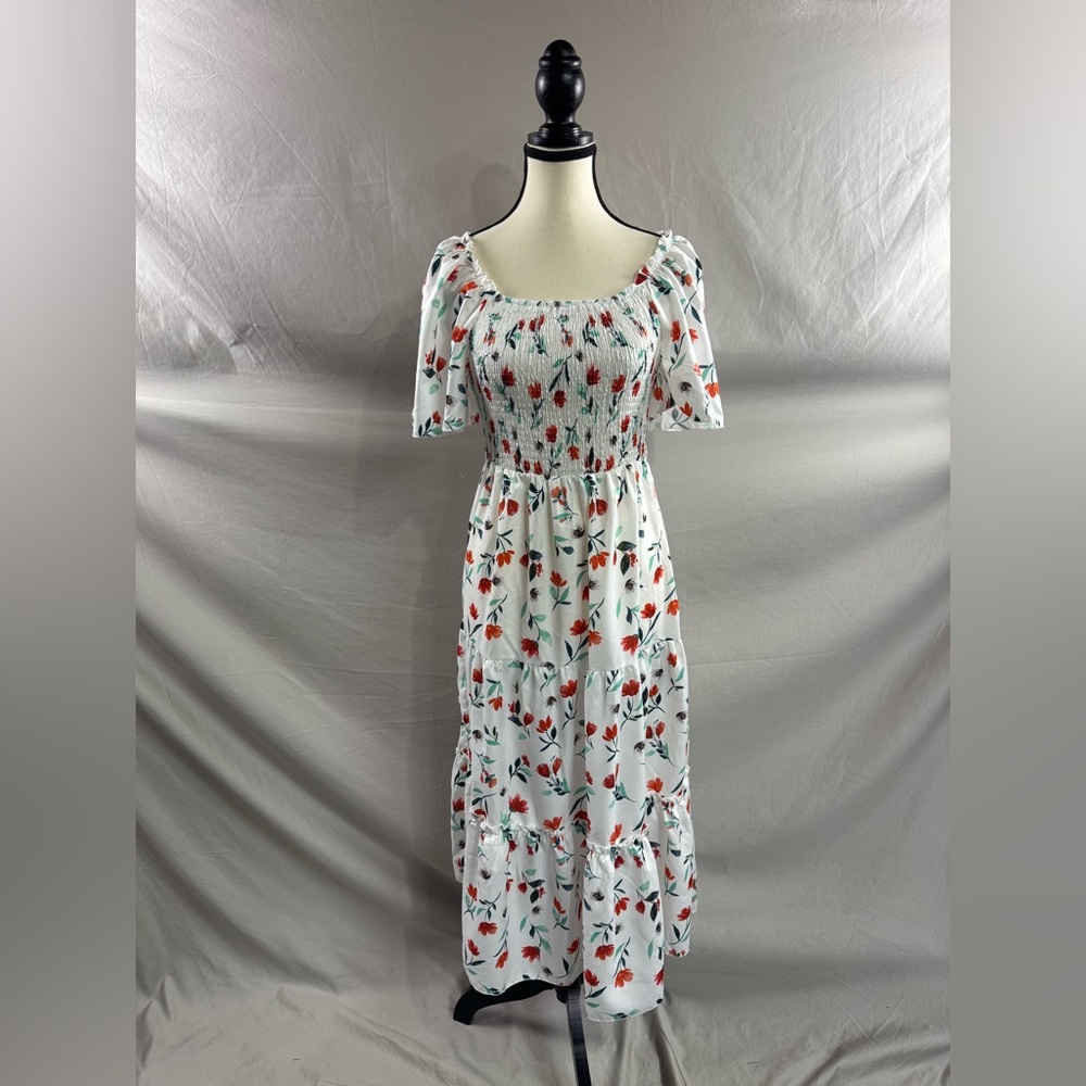 Boho Floral Print Square Neck Butterfly Sleeve Ruffle Hem Dress - Picture 6 of 9